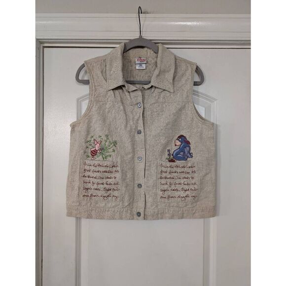 Vintage Disney Store Linen Vest Winnie‎ the Pooh Women's Large tan embroidery - Picture 1 of 8